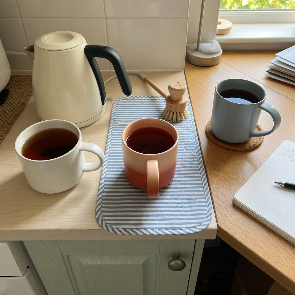 Black tea mug everyday mug rotation product shortlist guide with Round, Gradient, and The Flow mugs arranged between a kitchen counter and desk