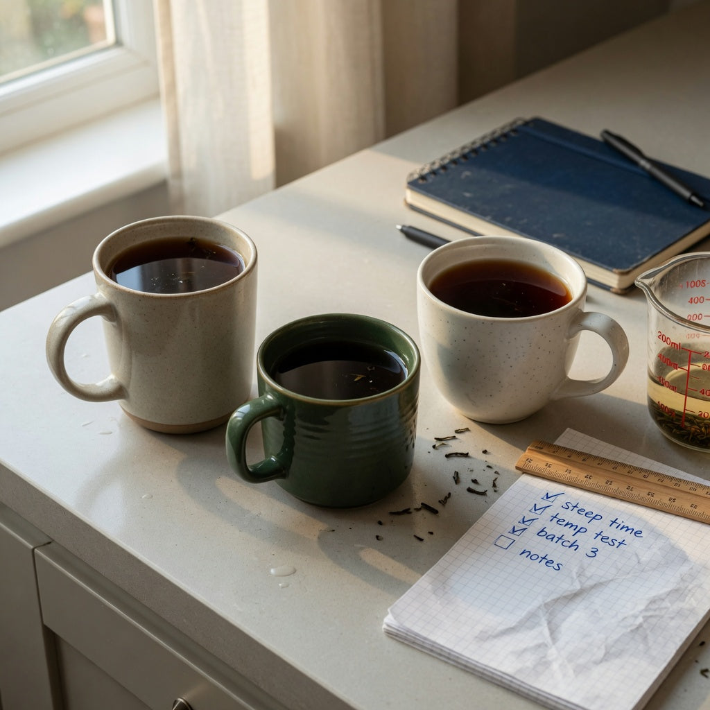 Black tea mug first time buyer practical purchase checklist with three mugs, a measuring jug, and handle comparison notes