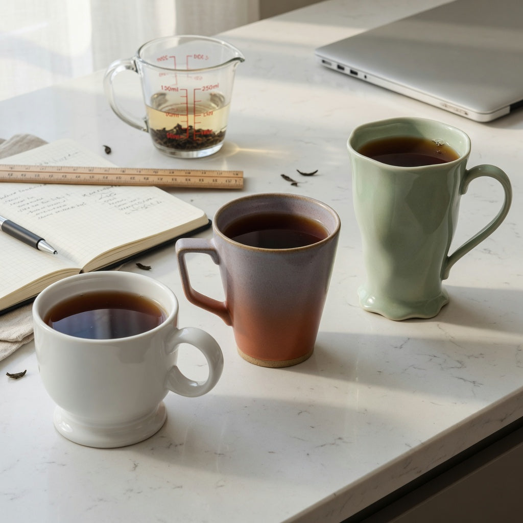 Black tea mug first time buyer product shortlist guide comparing Round, Gradient, and The Flow beside a measuring jug and desk ruler