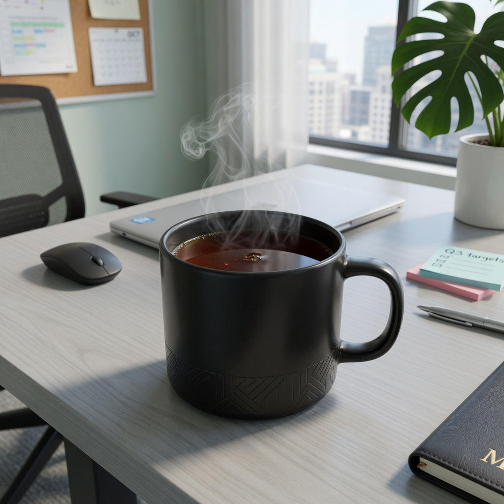 Black tea mug for office on a desk