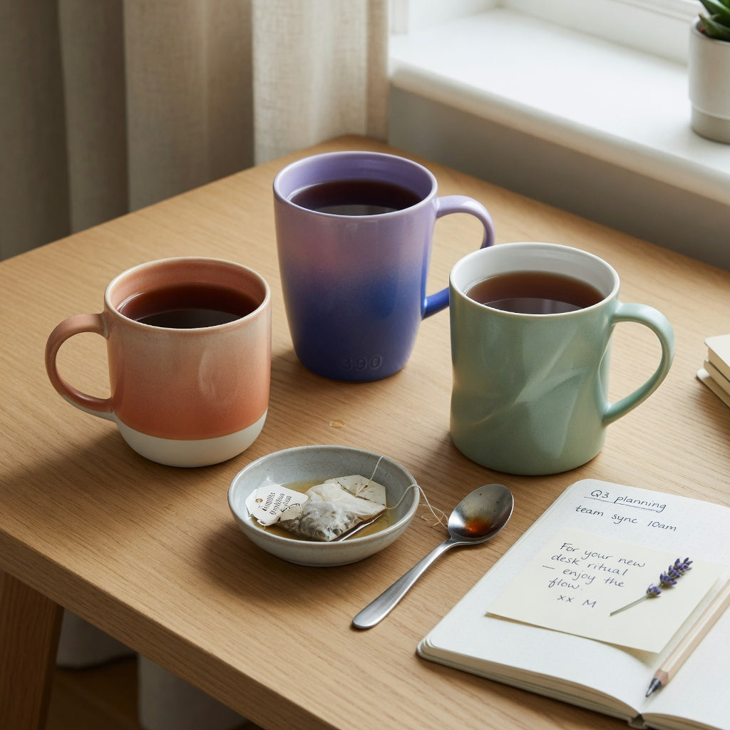 Black tea mug gift choice practical purchase checklist comparing the Round, Gradient, and The Flow mugs on a home-office desk