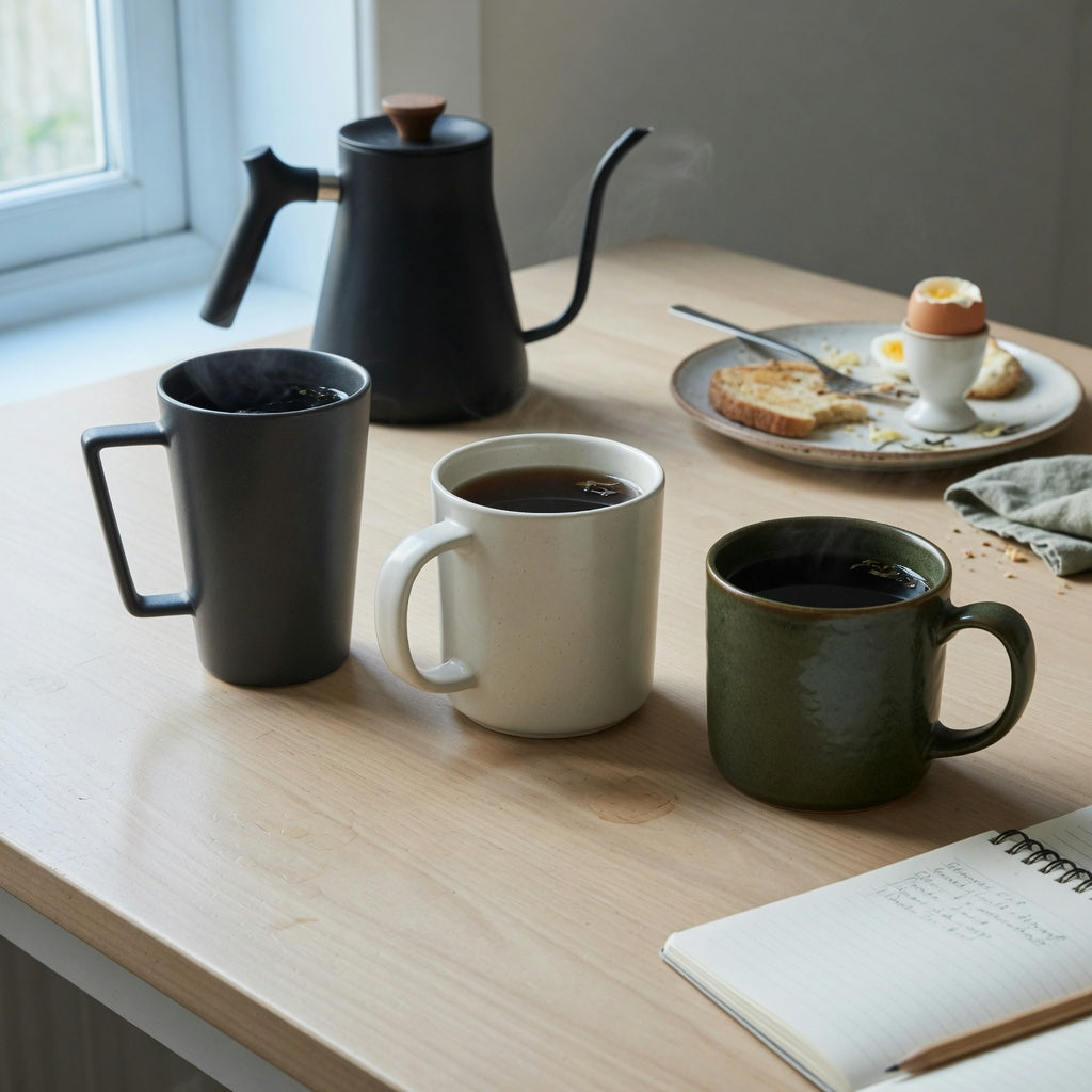 Three mugs compared in a black tea mug gift choice product shortlist guide by capacity and handle shape