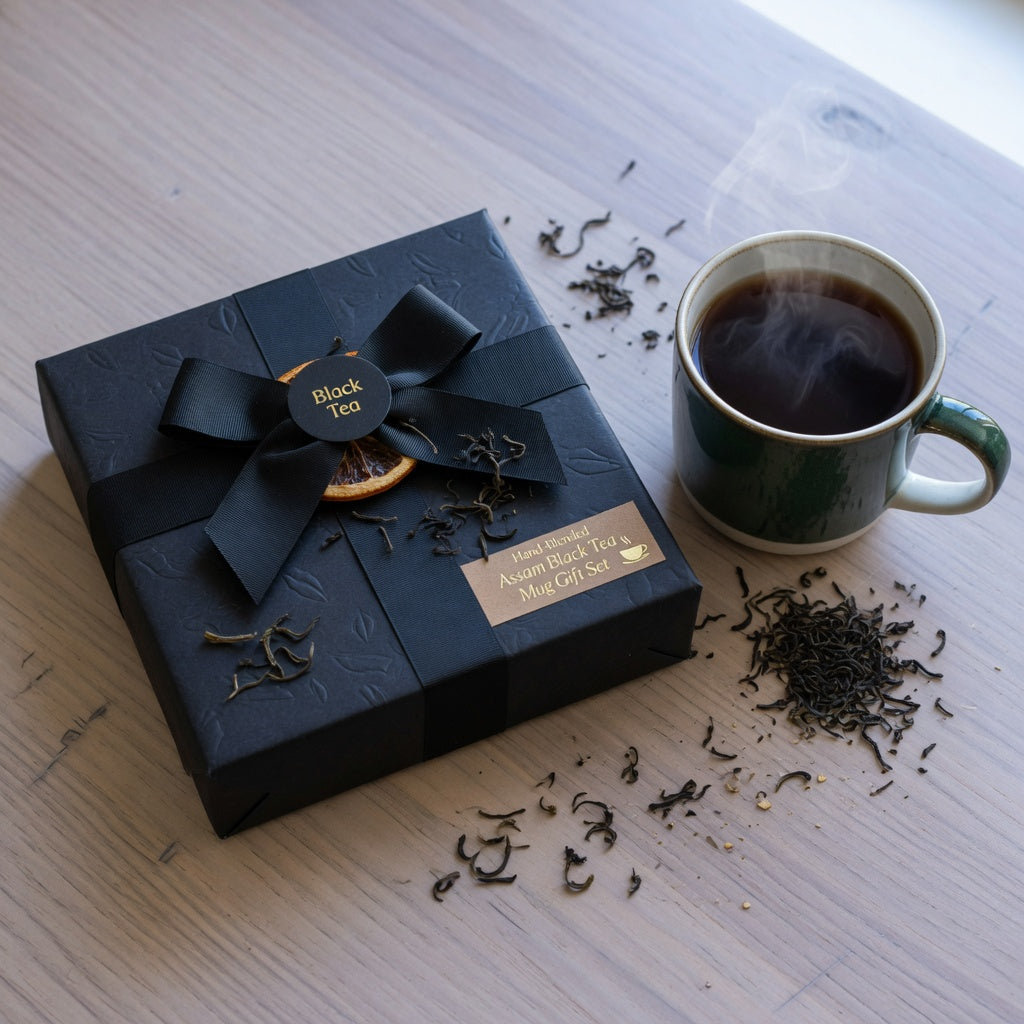 black tea mug gift presented with tea leaves and accessories