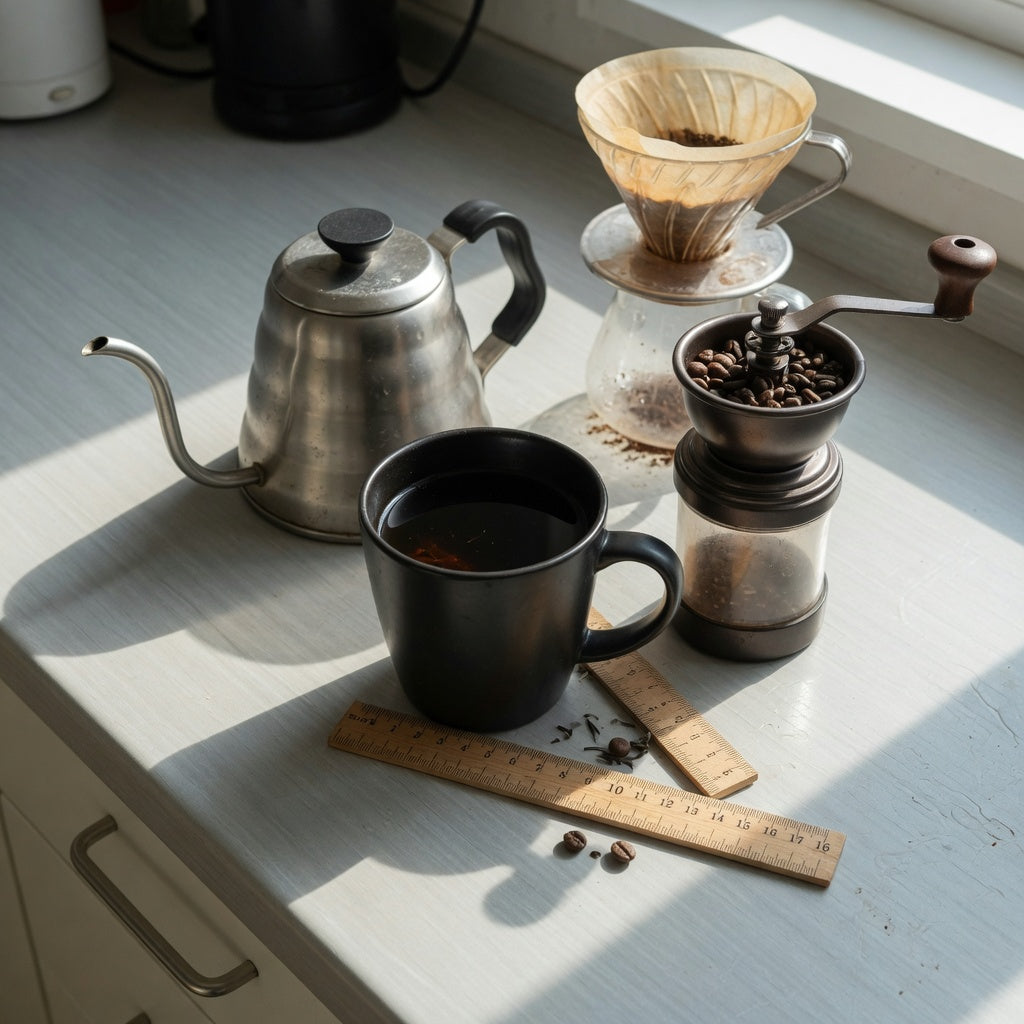 Black tea mug home coffee station practical purchase checklist with a mug beside a kettle, grinder, and ruler