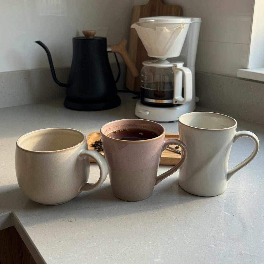 black tea mug home coffee station product shortlist guide with three handled mugs beside a kettle and coffee maker