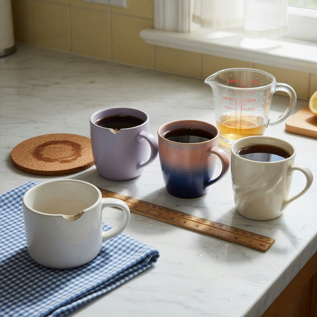 Black tea mug replacement purchase practical purchase checklist comparing 390 ml and 400 ml mugs by a ruler and coaster