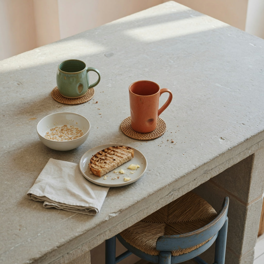 Breakfast bar coffee mug comparison showing round and tall mugs beside toast on a kitchen island