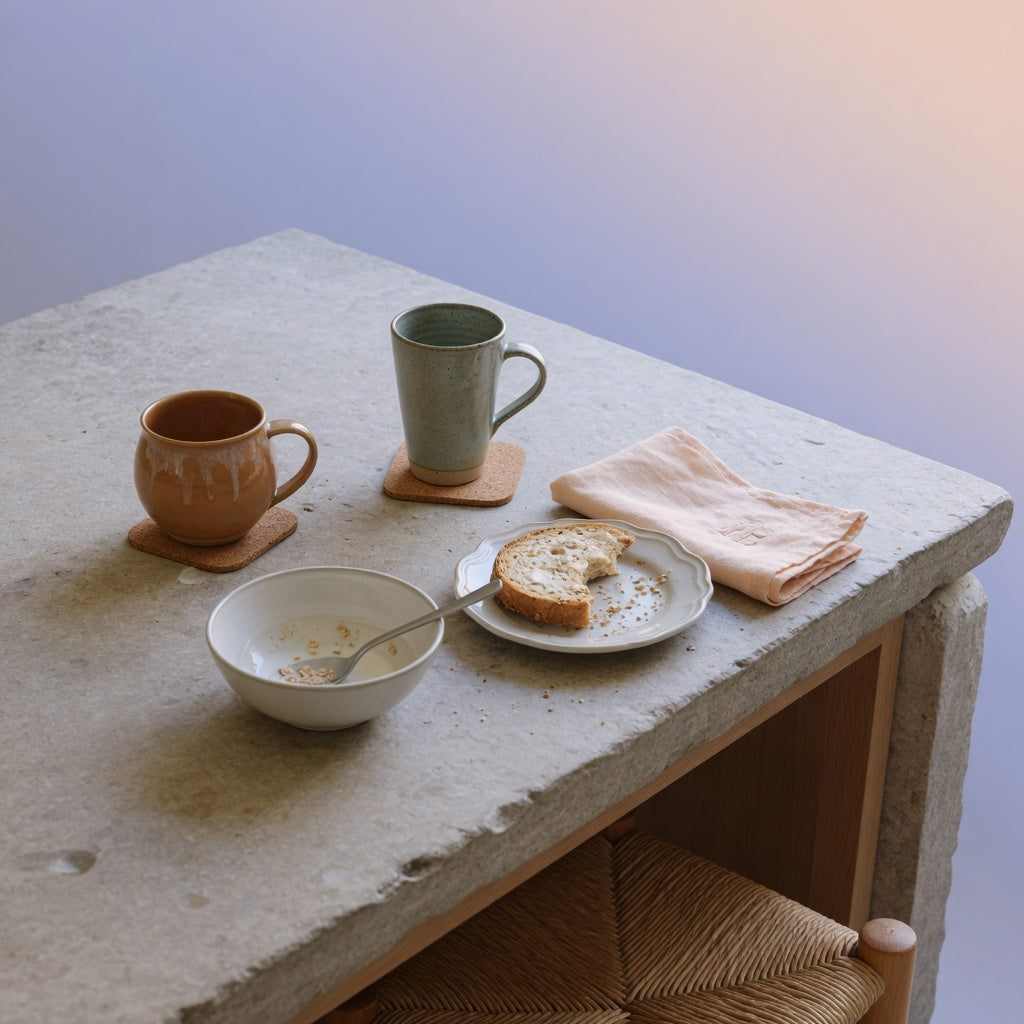 Breakfast bar coffee mug comparison showing round and tall mugs beside toast on a kitchen island