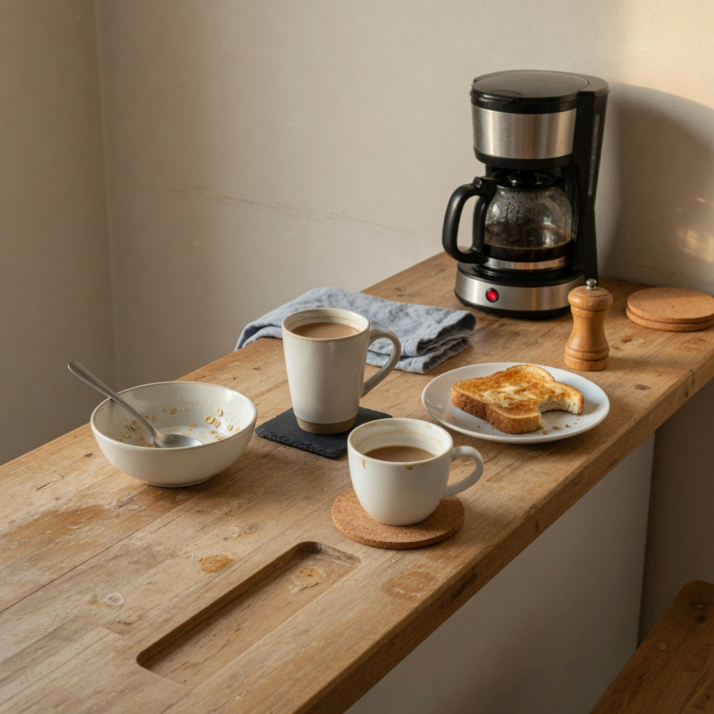 Round and tall coffee mugs compared on a narrow counter for a breakfast bar coffee mugs routine