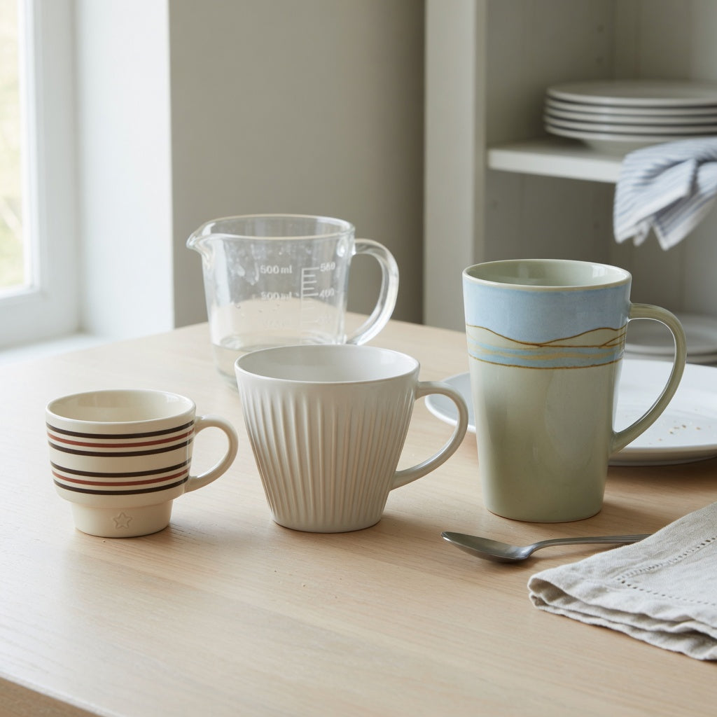 Breakfast coffee cup buying priorities comparison of Retro 170 ml, Pleated 200 ml, and Landscape Tall 350 ml cups on a breakfast table