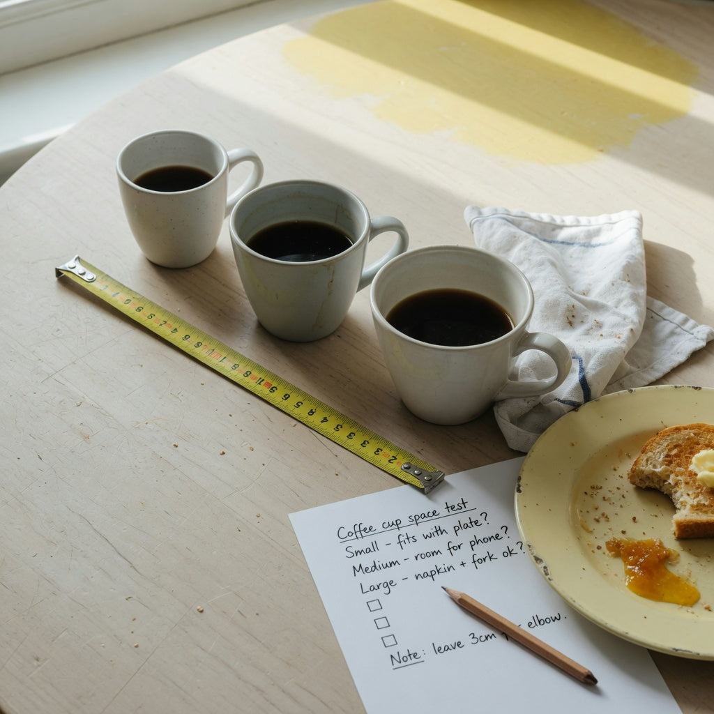 A breakfast coffee cup gift choice practical purchase checklist comparing three cup capacities and their breakfast table space