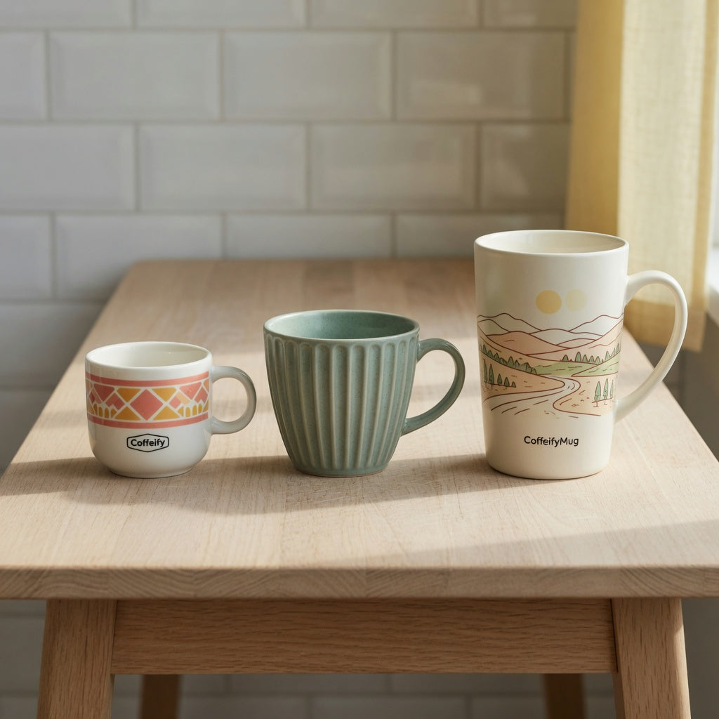Three cups compared for a breakfast coffee cup gift choice product shortlist guide: Retro 170 ml, Pleated 200 ml, and Landscape Tall 350 ml