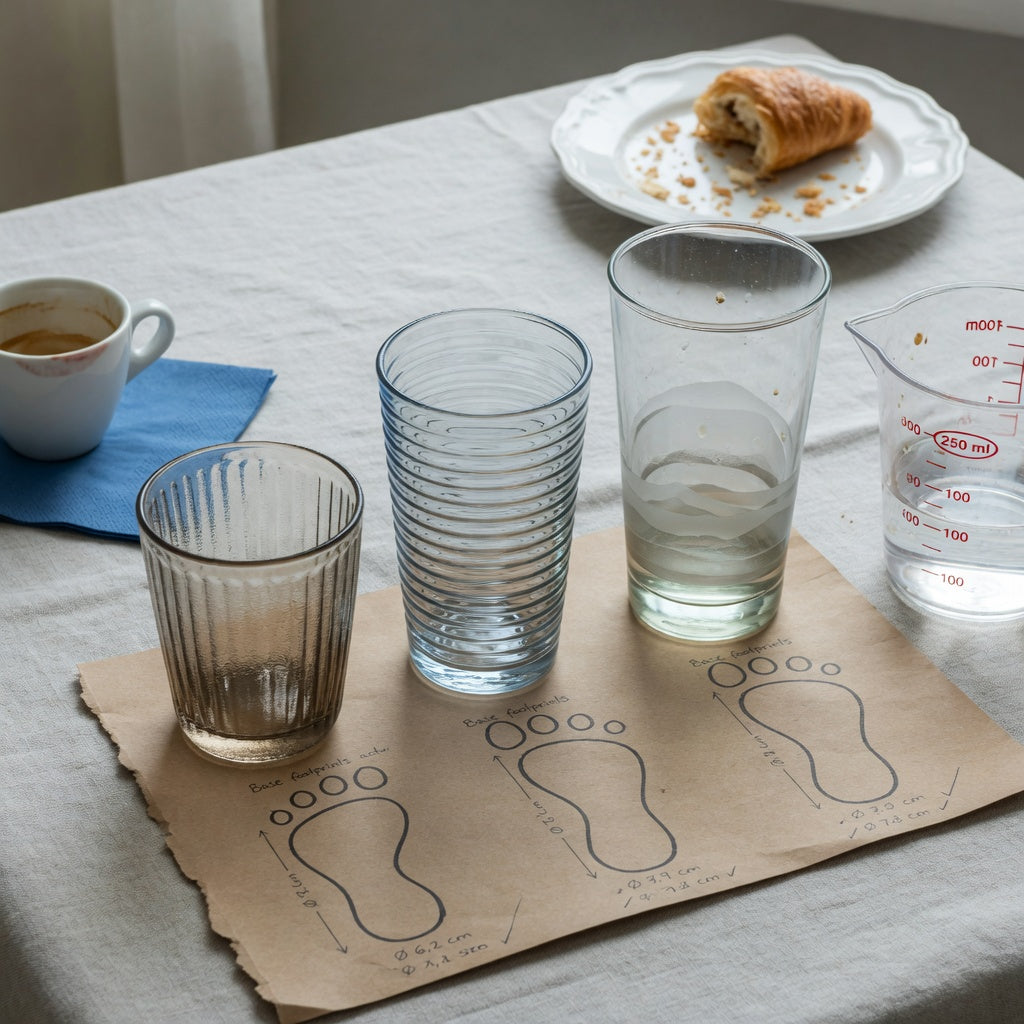 Breakfast coffee cup replacement purchase practical purchase checklist showing Retro 170 ml, Pleated 200 ml, and Landscape Tall 350 ml options on a breakfast table