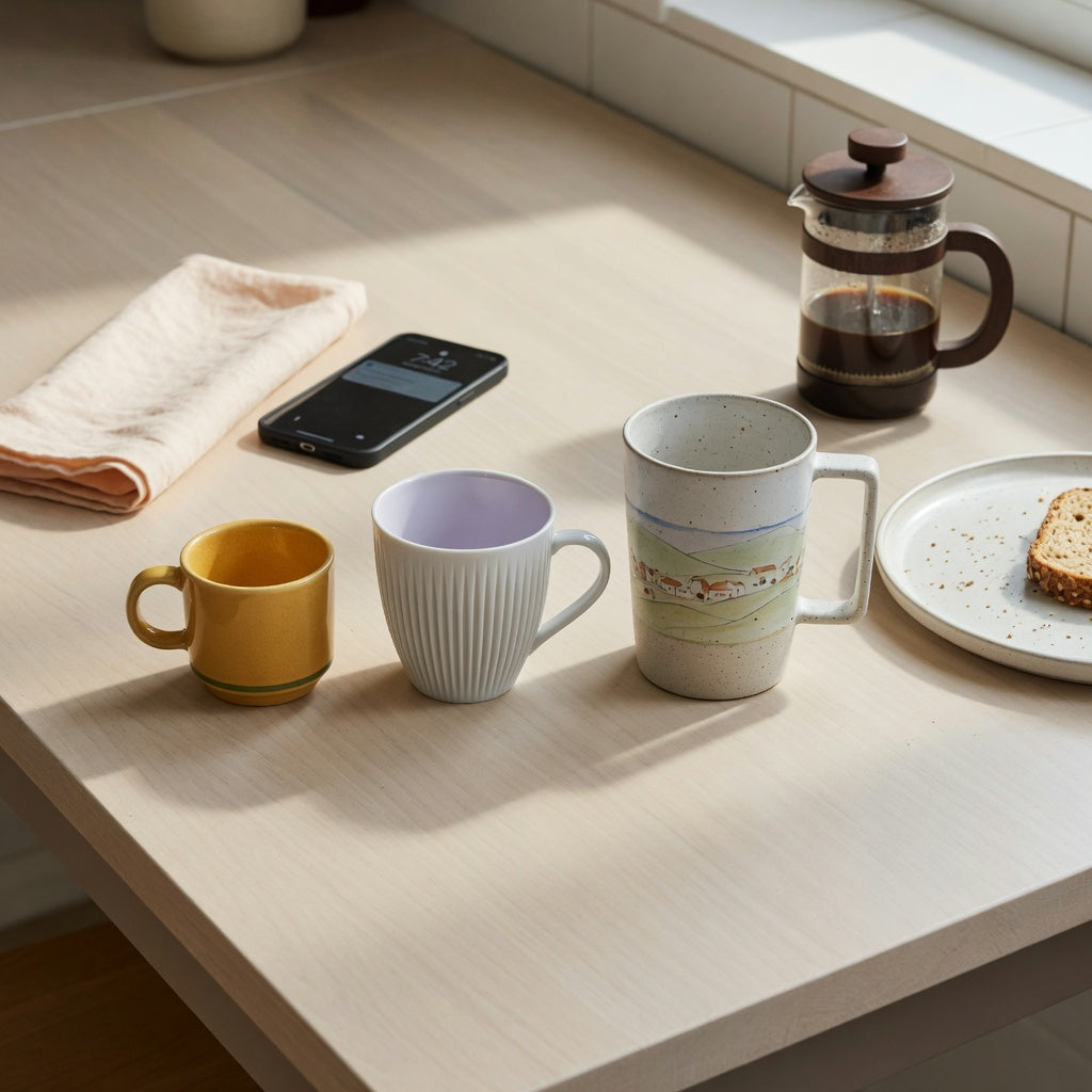 A breakfast coffee cup size decision guide comparing Retro 170 ml, Pleated 200 ml, and Landscape Tall 350 ml options at a breakfast table