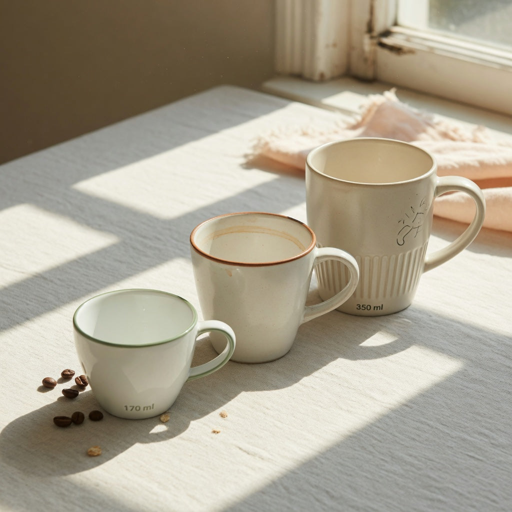 Breakfast coffee cup size guide: 170 ml, 200 ml, and 350 ml cups lined up by height on a breakfast table