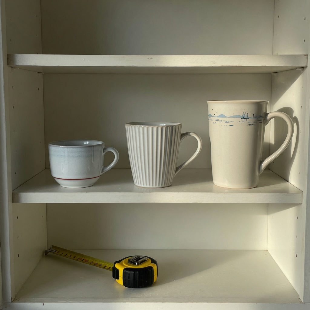 Breakfast coffee cup storage fit guide comparing Retro, Pleated, and Landscape Tall cup shapes, handles, and cabinet clearance