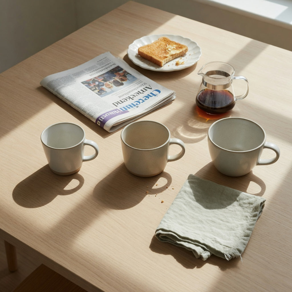 Breakfast coffee cup weekend coffee practical purchase checklist comparing 170 ml, 200 ml, and 350 ml cups on a breakfast table