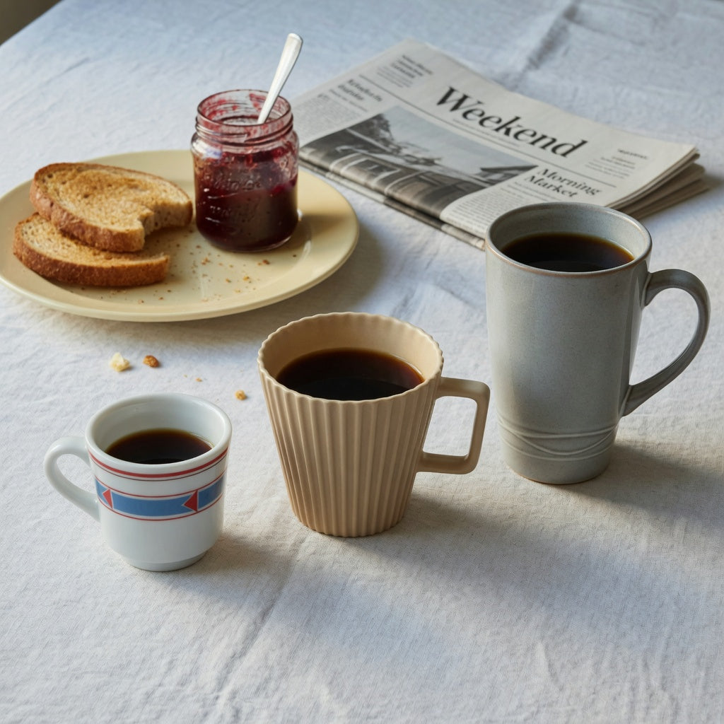 breakfast coffee cup weekend coffee product shortlist guide showing Retro 170 ml, Pleated 200 ml, and Landscape Tall 350 ml cups on a breakfast table