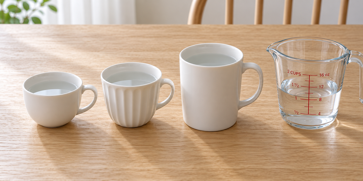 Breakfast cup vs mug size comparison showing a 170 ml cup, a 200 ml pleated cup, and a 350 ml tall mug beside a measuring cup on a breakfast table