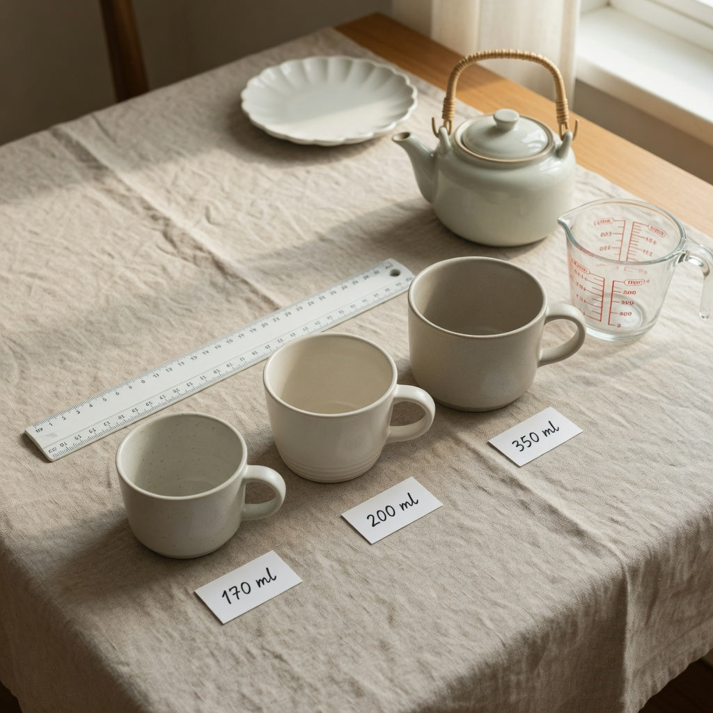 Breakfast tea cup capacity comparison with 170 ml, 200 ml, and 350 ml vessels on a breakfast table