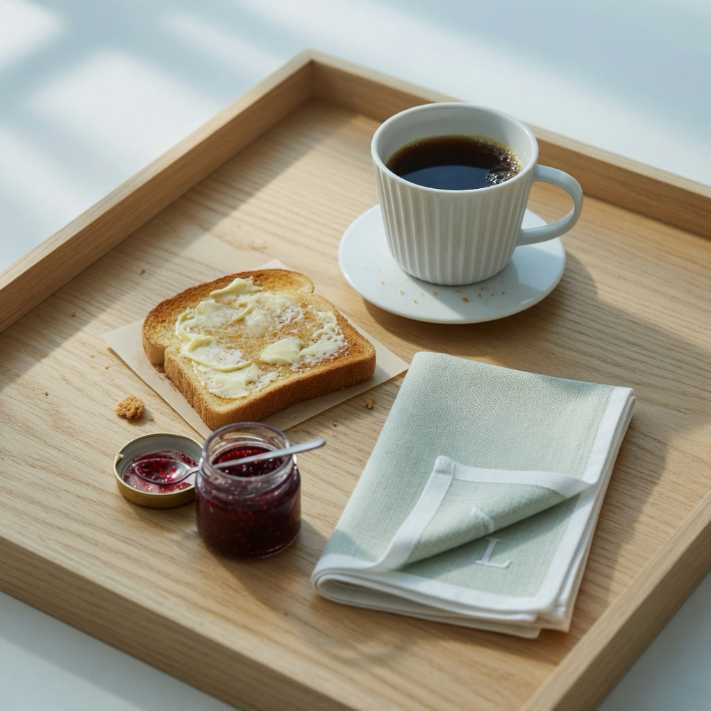 Breakfast tray ceramic coffee cup with a wide stable base sitting level on a wooden serving tray beside toast and jam