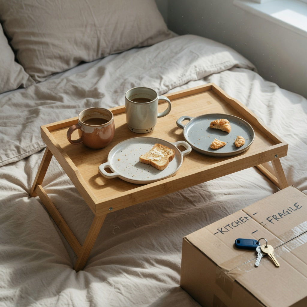 Breakfast tray coffee mug housewarming gift with two ceramic mugs on a wooden folding tray in a new apartment
