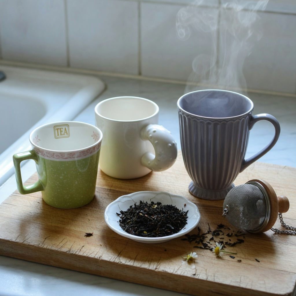 Ceramic brew tea mugs arranged on a wooden kitchen counter beside a loose-leaf infuser and a steaming morning cup.