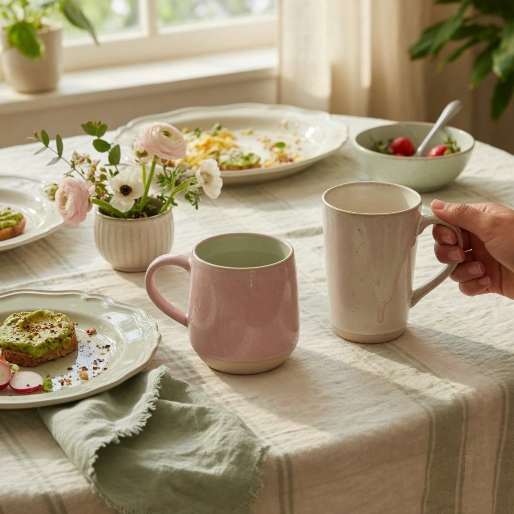 Round and tall brunch ceramic mug options compared beside plates and low flowers