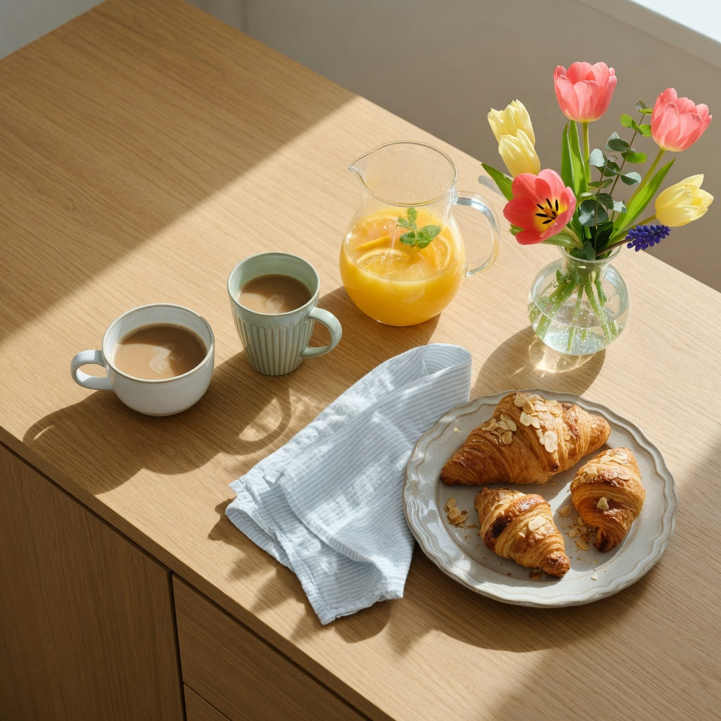 A brunch coffee mug pair staged on a wooden sideboard with orange juice and croissants in morning light