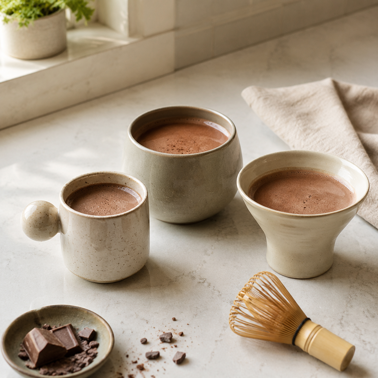 Three ceramic cacao cup options in 250 ml, 390 ml, and 400 ml sizes on a kitchen counter