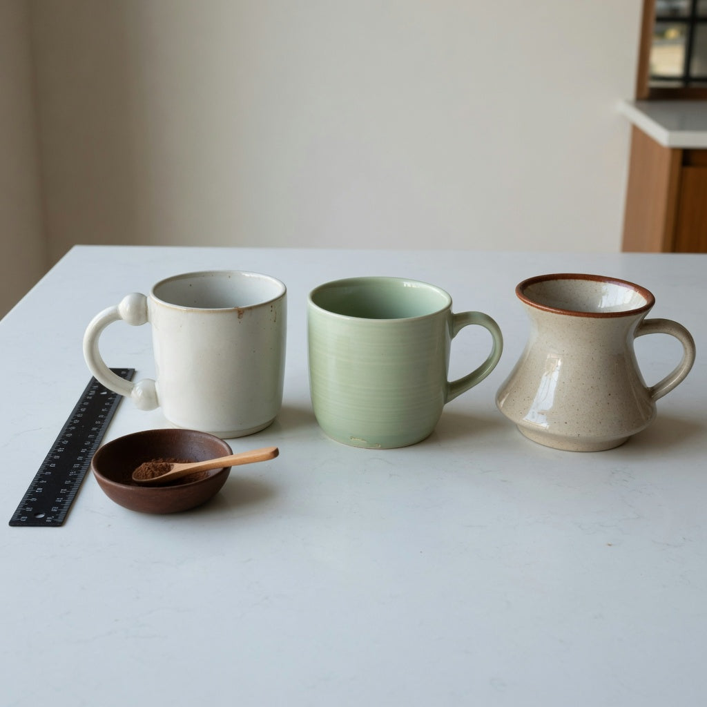 Cacao cup current product facts comparison showing Ball Handle 250 ml, Round 390 ml, and Spittoon 400 ml mugs