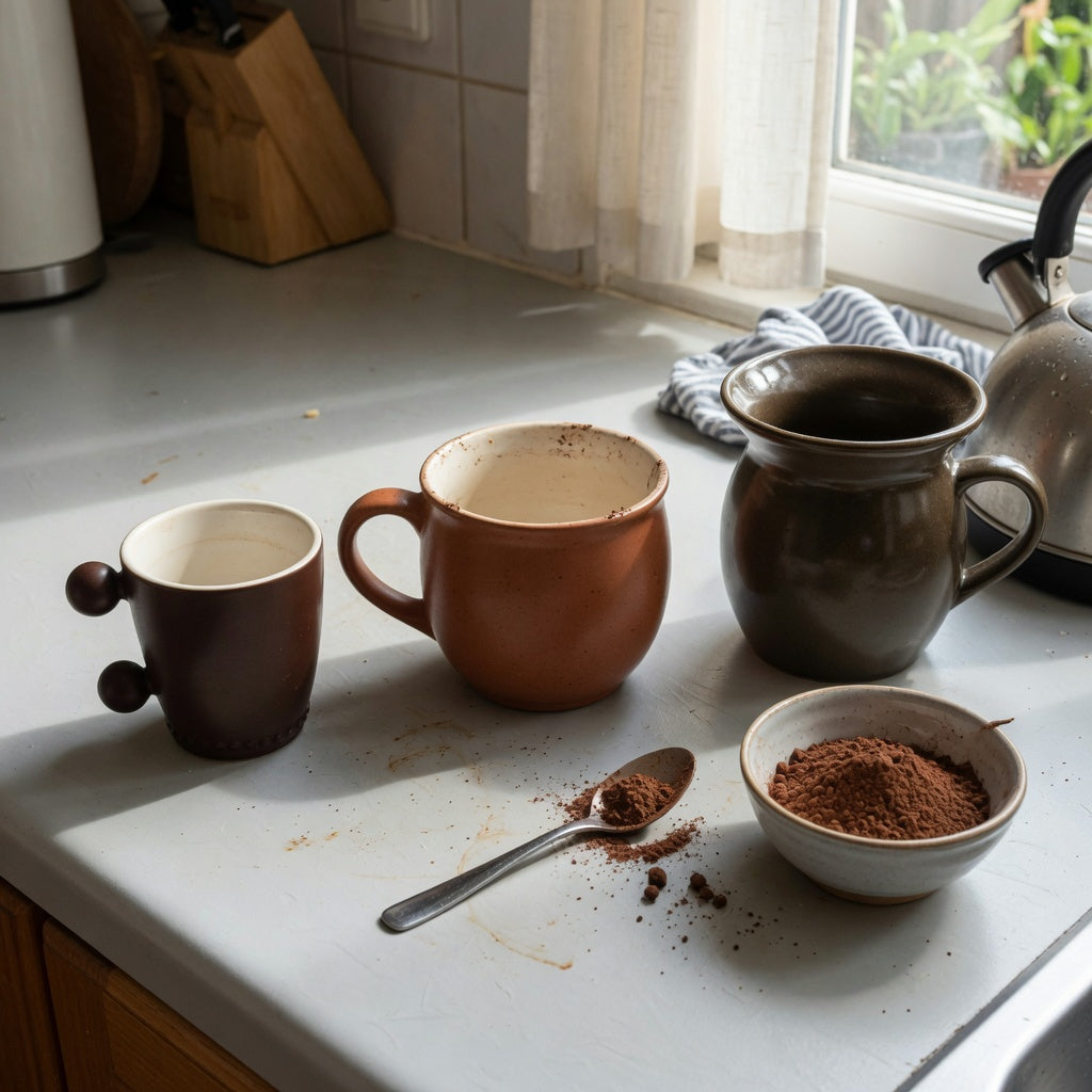 Cacao cup everyday mug rotation product shortlist guide showing 250 ml, 390 ml, and 400 ml mugs on a kitchen counter