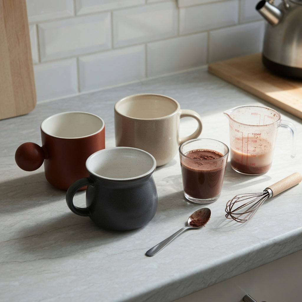 Cacao cup first time buyer practical purchase checklist showing 250 ml, 390 ml, and 400 ml everyday cups beside a spoon and measuring jug