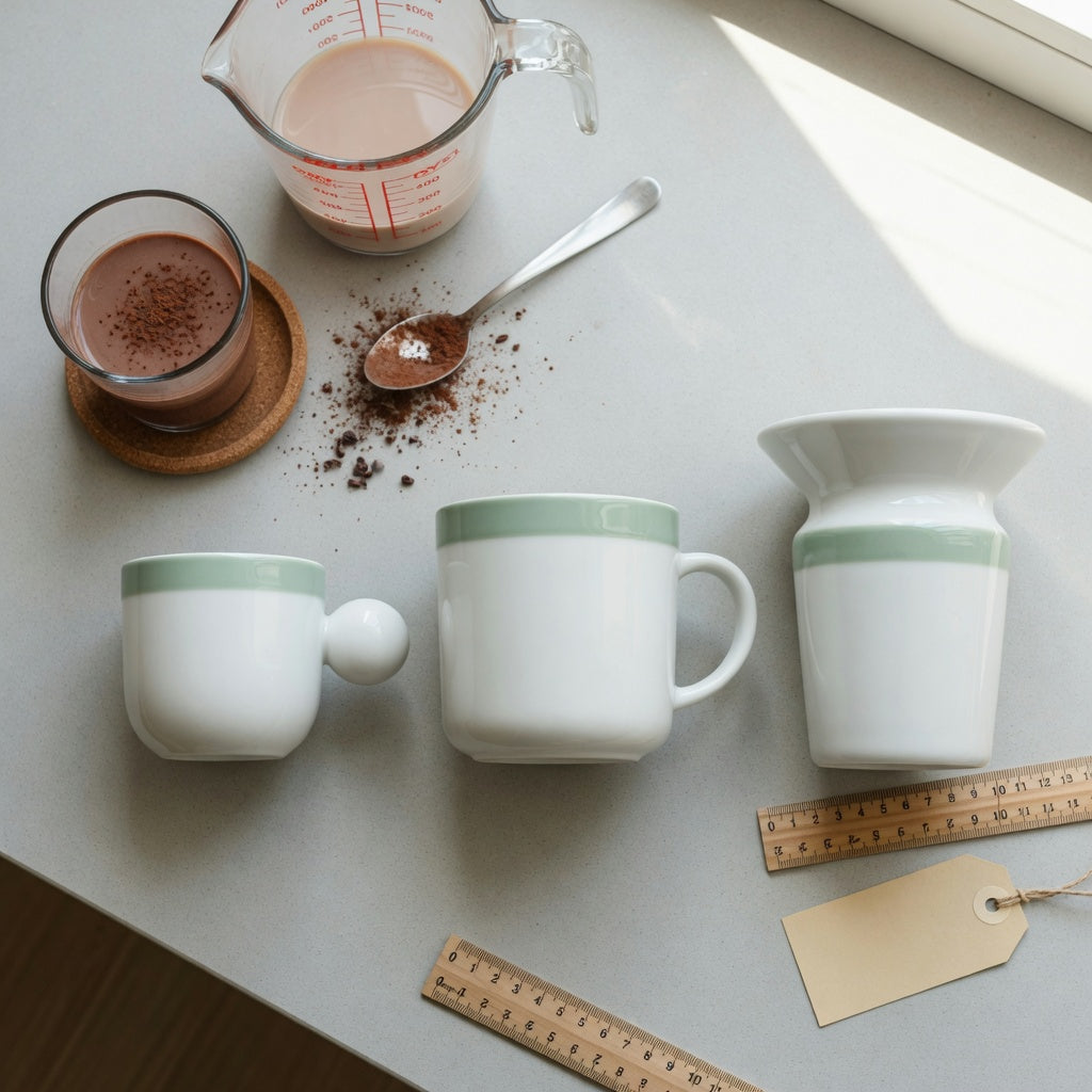 Three drinkware options compared with a measuring jug for a cacao cup gift choice practical purchase checklist