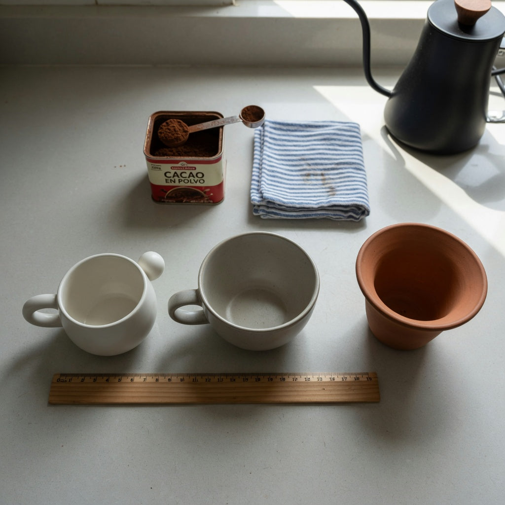 Kitchen counter comparison for a cacao cup home coffee station product shortlist guide, showing 250 ml, 390 ml, and 400 ml cups.
