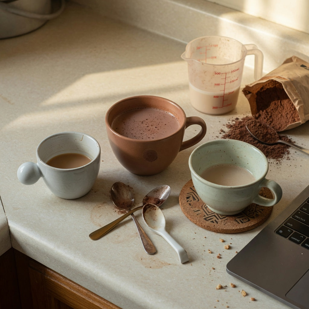 Cacao cup shared household product shortlist guide with 250 ml, 390 ml, and 400 ml options on a shared kitchen counter