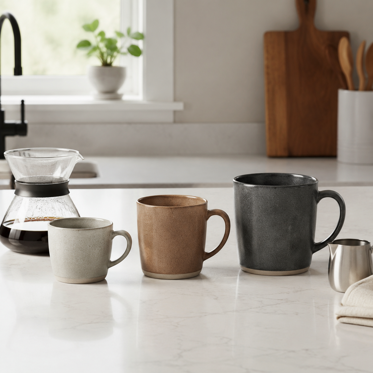 Three cafe au lait mug options compared by capacity, shape, and handle design