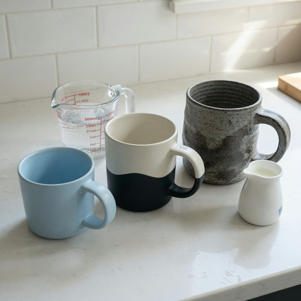 Cafe au lait mug current product facts comparison of The Flow 400 ml, Morning and Night 440 ml, and The Rock 480 ml