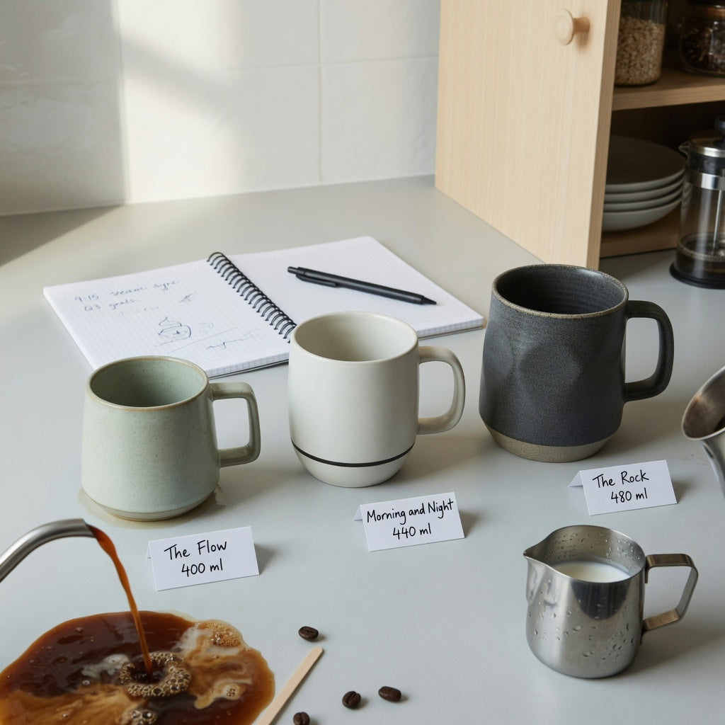 cafe au lait mug first time buyer practical purchase checklist comparing The Flow 400 ml, Morning and Night 440 ml, and The Rock 480 ml
