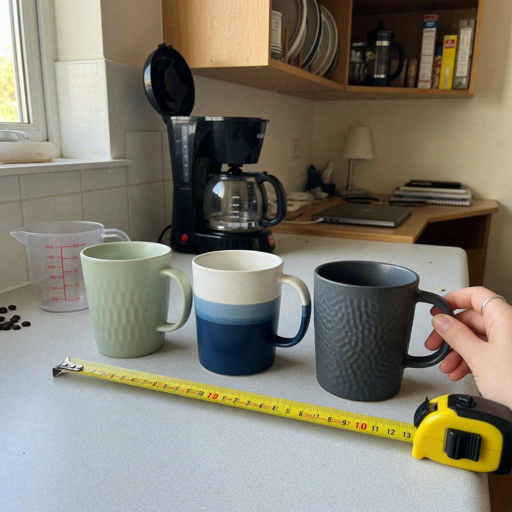 cafe au lait mug first time buyer product shortlist guide comparing 400 ml, 440 ml, and 480 ml options on a kitchen counter