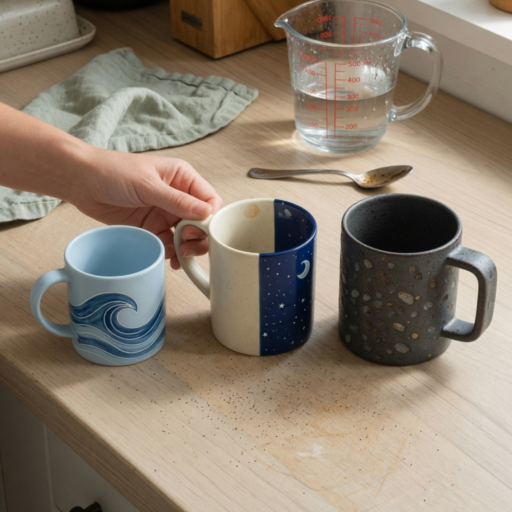 Cafe au lait mug gift choice practical purchase checklist comparing 400 ml, 440 ml, and 480 ml mugs on a kitchen counter