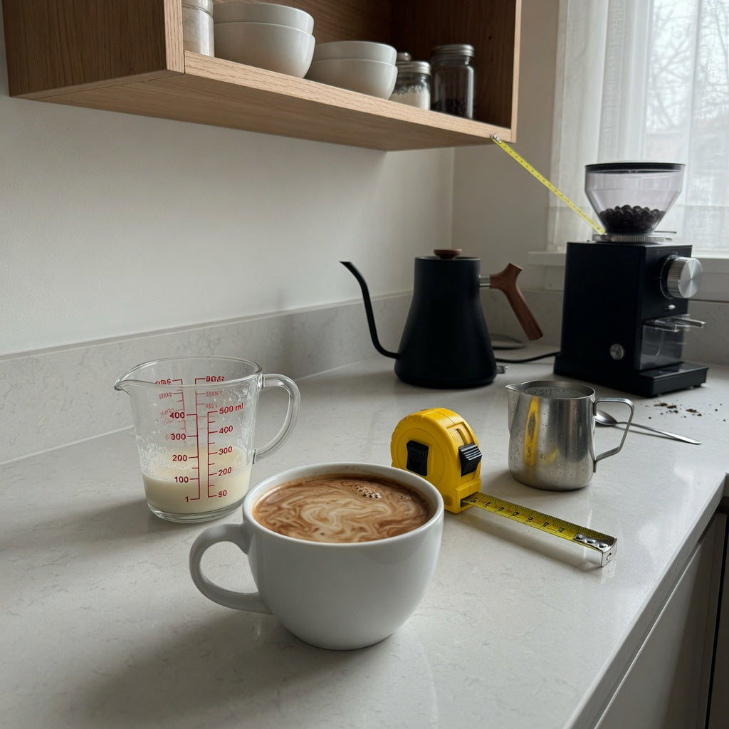 Kitchen setup for the cafe au lait mug home coffee station practical purchase checklist with a large mug, measuring jug, and tape measure