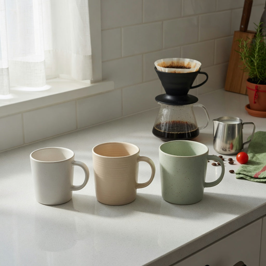 Cafe au lait mug home coffee station product shortlist guide showing 400 ml, 440 ml, and 480 ml options beside home brewing tools