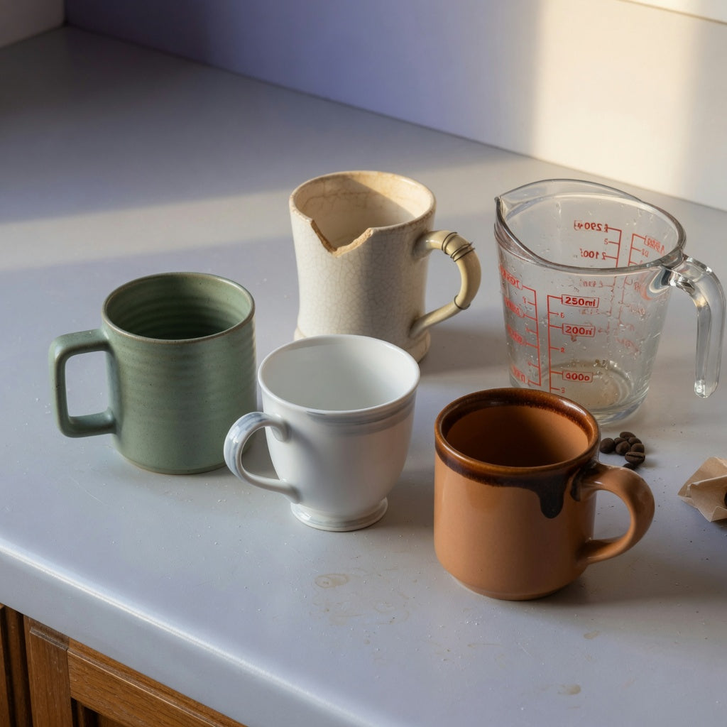 cafe au lait mug replacement purchase product shortlist guide comparing 400 ml, 440 ml, and 480 ml mugs on a kitchen counter