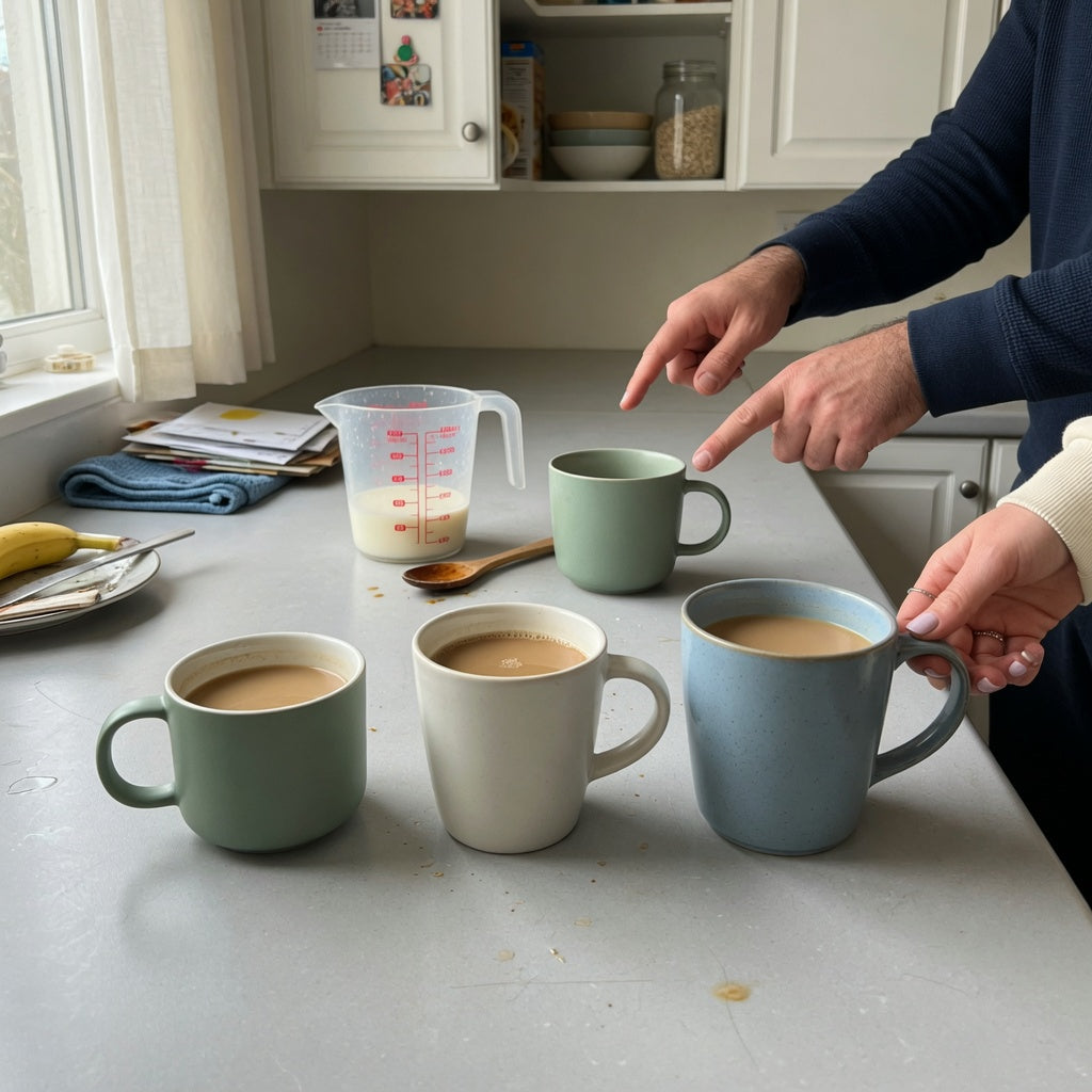 Cafe au lait mug shared household practical purchase checklist showing 400 ml, 440 ml, and 480 ml mugs on a shared kitchen counter
