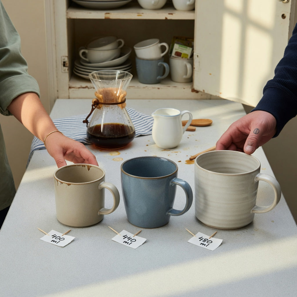A cafe au lait mug shared household product shortlist guide scene with 400 ml, 440 ml, and 480 ml mugs on a shared kitchen counter