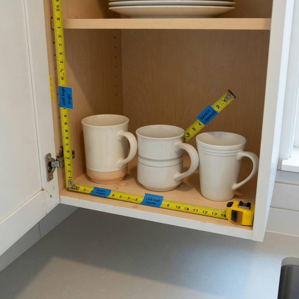 Cafe au lait mug storage fit guide comparing three mugs for shelf height, cabinet depth, and handle clearance