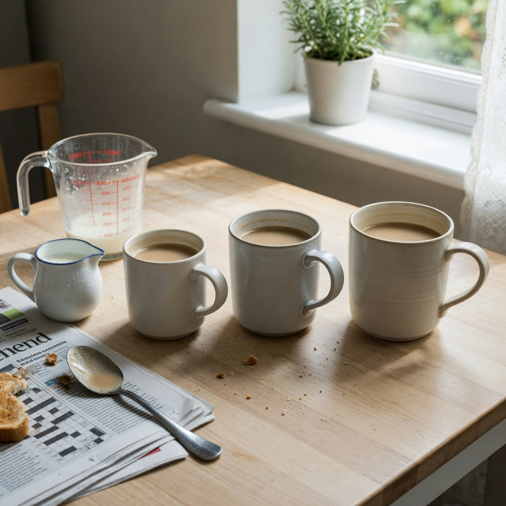 Weekend breakfast table arranged for a cafe au lait mug weekend coffee practical purchase checklist with three handled mug sizes and a milk pitcher