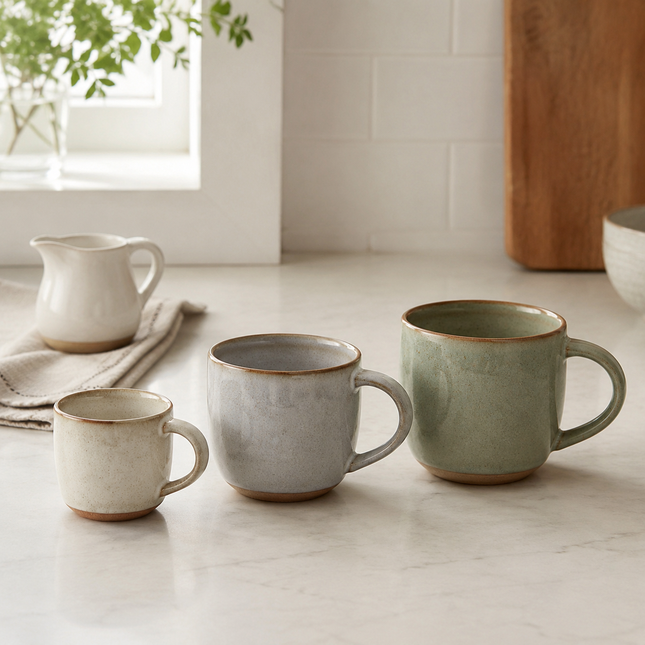Three ceramic cup sizes compared for a cappuccino coffee mug, from compact to roomier everyday capacity