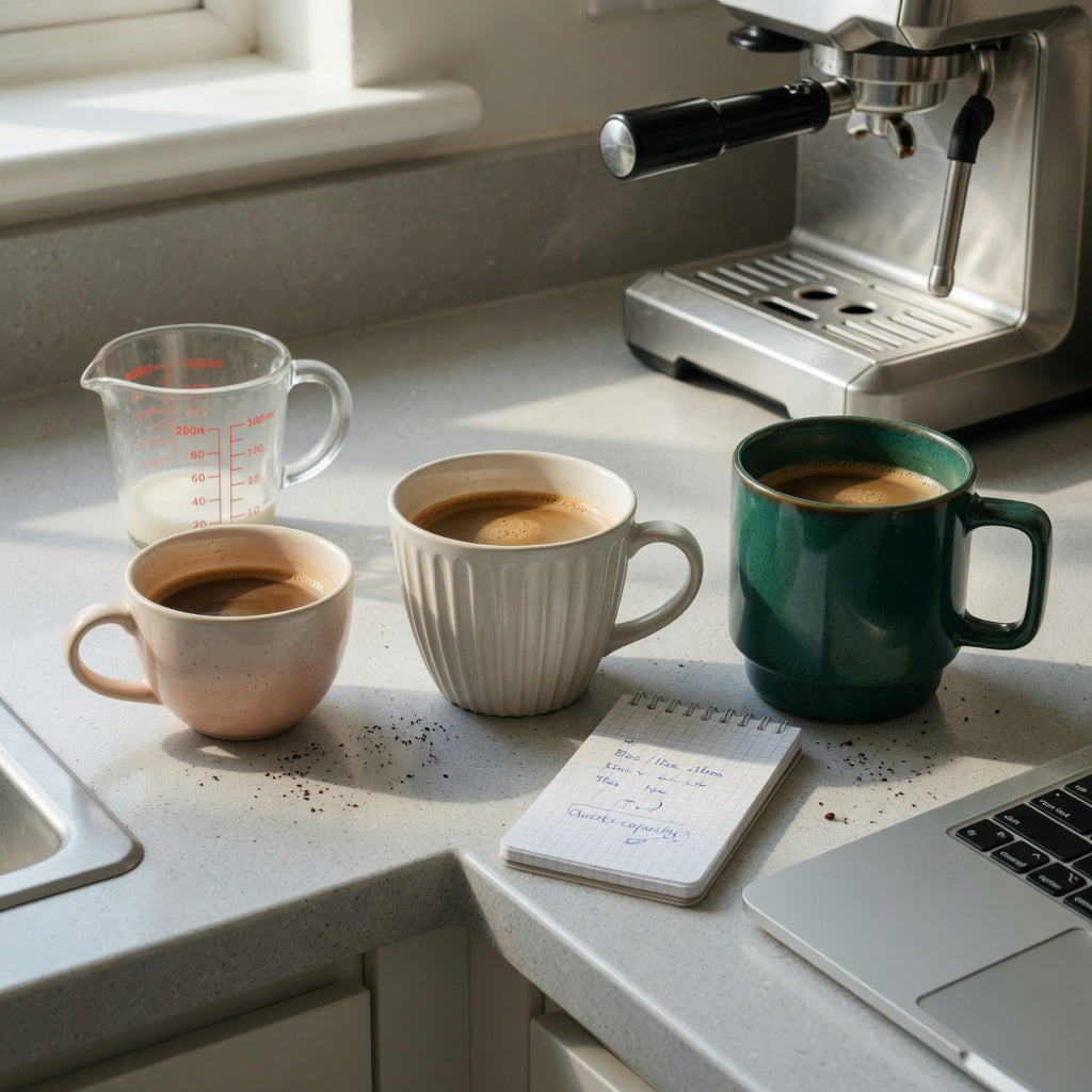 Three cups compared for cappuccino coffee mug buying priorities by capacity, visible shape, and available desk space
